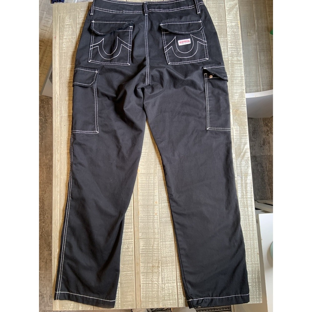True Religion Baggy Cargo Black Straight Leg Contrast Stitch Pants Mens Size 30 - Picture 8 of 12